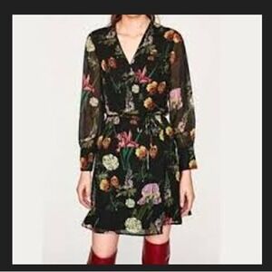 Zara Black Floral Sheer Kimono Duster Wrap Jacket XS Boho Chic Layering Top